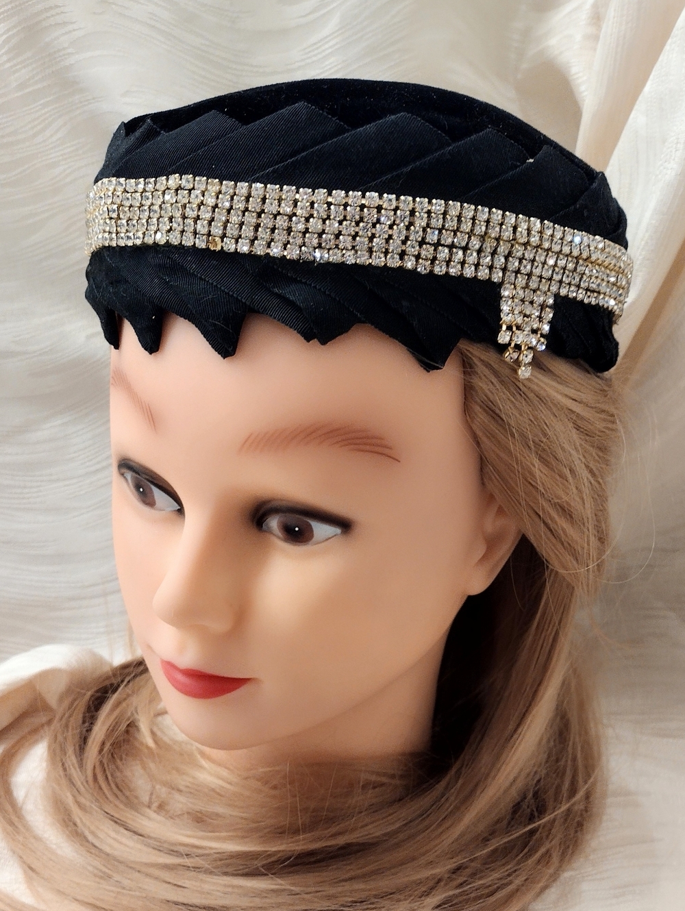 New Women's Dressy, Cocktail, Theater Hat Black With Rhinestones One-of-a-kind.